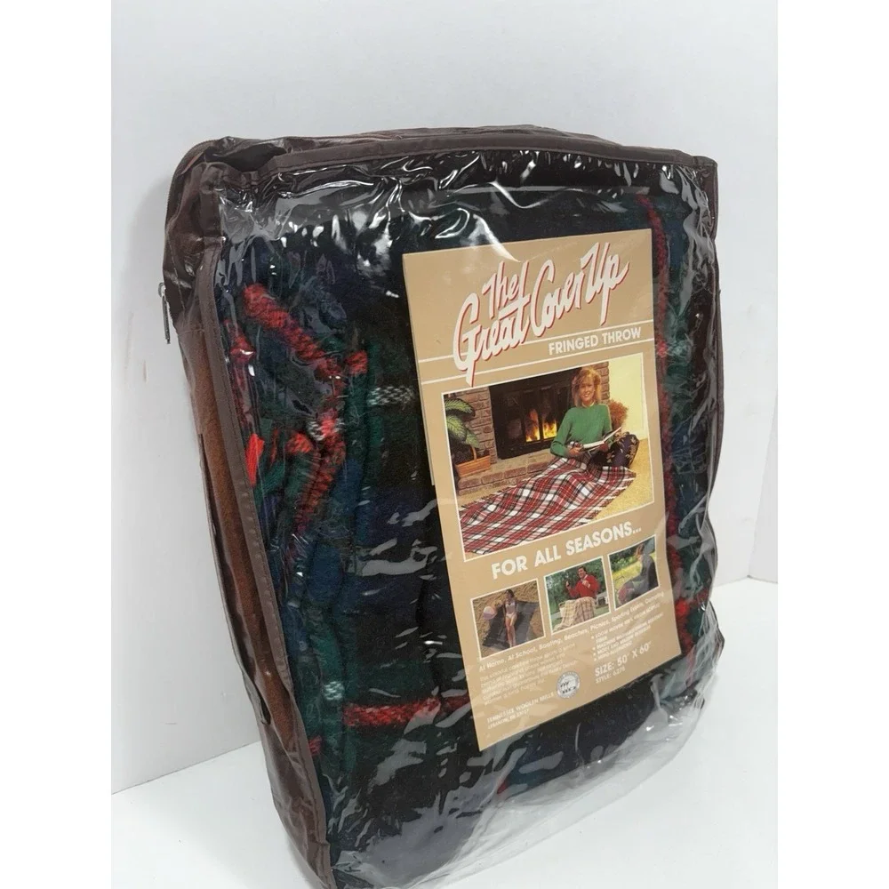 The Great Cover Up Fringe Throw Blanket JCPenney Plaid USA 50x60 Blue‎ Green Red